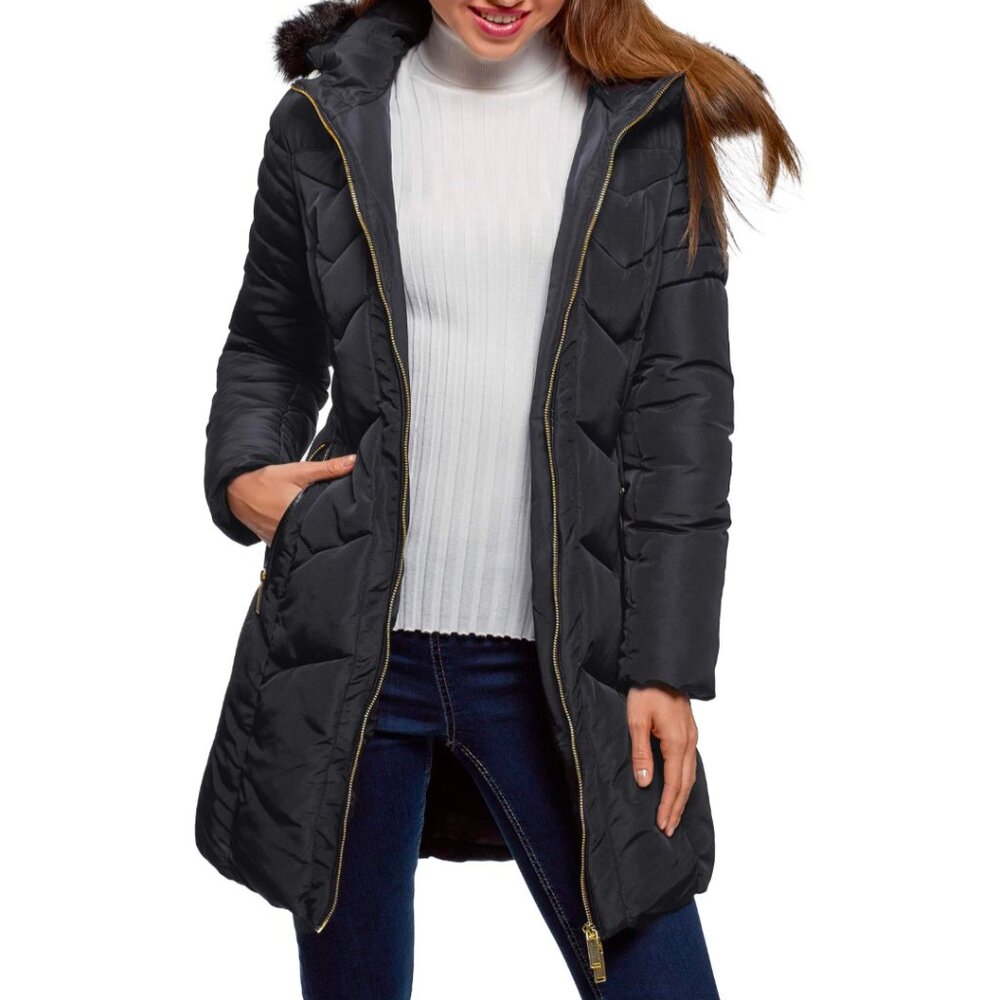 Karl Lagerfeld Black Quilted Puffer Jacket XS With Faux Fur Hood And Gold Zipper